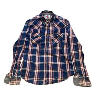 Desert‎ Son Shirt Mens Small Pearl Snap Button Plaid Western Flag and Anthem